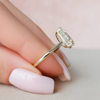 Brilliant 2.0ct pear hidden halo moissanite ring side profile view