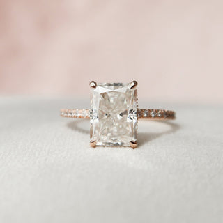 Gorgeous 3.0ct radiant hidden halo moissanite ring three quarter angled view