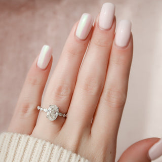 Graceful 2.0ct oval hidden halo moissanite ring close up of the setting