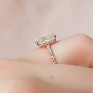 Gorgeous 3.0ct radiant hidden halo moissanite ring top view