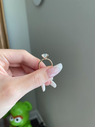 Luminous 2.0ct round solitaire moissanite ring angled view showing its sparkle