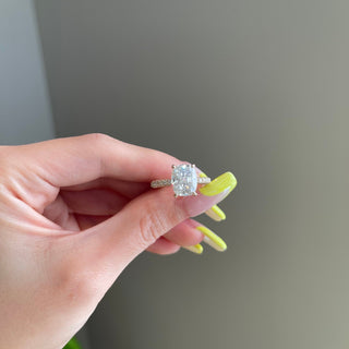 4.0ct Elongated Cushion Hidden Halo Three Side Pave Diamond Moissanite Engagement Ring