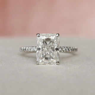 Chic 3.0ct radiant hidden halo moissanite ring angled view showing its sparkle