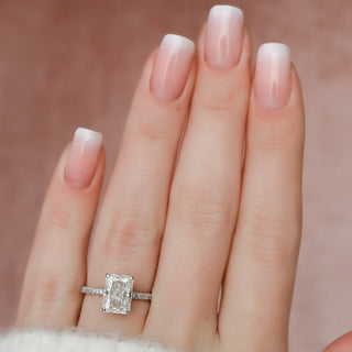 Chic 3.0ct radiant hidden halo moissanite ring side profile view