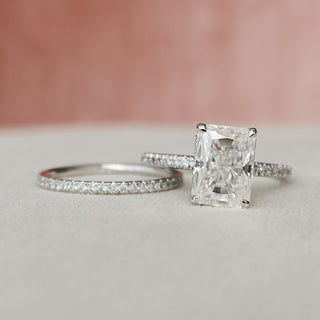 3.0CT Radiant Cut Hidden Halo Eternity Pave Diamond Moissanite Bridal Engagement Ring Set