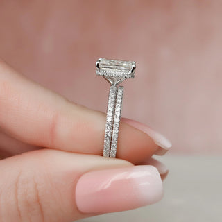 3.0CT Radiant Cut Hidden Halo Eternity Pave Diamond Moissanite Bridal Engagement Ring Set