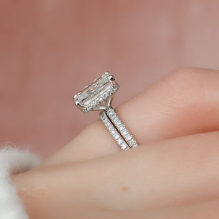 3.0CT Radiant Cut Hidden Halo Eternity Pave Diamond Moissanite Bridal Engagement Ring Set