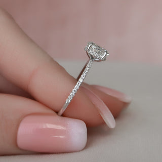 Gorgeous 1.0ct round hidden halo moissanite ring three quarter angled view
