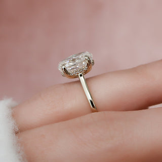 Delicate 3.0ct oval hidden halo moissanite ring side profile view