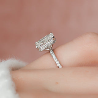 Chic 3.0ct radiant hidden halo moissanite ring shown on a finger