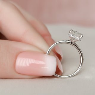 Chic 3.0ct radiant hidden halo moissanite ring three quarter angled view