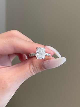 4.0ct Elongated Cushion Hidden Halo Three Side Pave Diamond Moissanite Engagement Ring