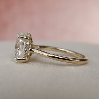 Delicate 3.0ct oval hidden halo moissanite ring detail view of the band
