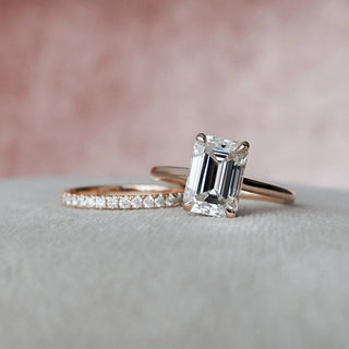 3.0CT Emerald Cut Hidden Halo Eternity Pave Diamond Moissanite Bridal Engagement Ring Set