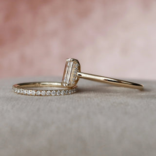 2.0CT Emerald Cut Hidden Halo Eternity Pave Diamond Moissanite Bridal Engagement Ring Set
