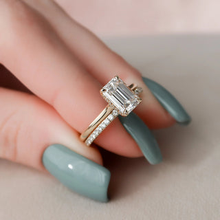 2.0CT Emerald Cut Hidden Halo Eternity Pave Diamond Moissanite Bridal Engagement Ring Set