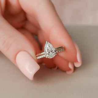 1.50CT Pear Cut Hidden Halo Solitaire Eternity Pave Moissanite Bridal Engagement Ring Set