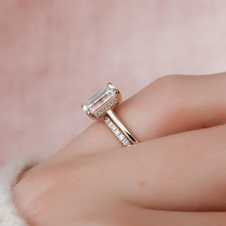 3.0CT Emerald Cut Hidden Halo Eternity Pave Diamond Moissanite Bridal Engagement Ring Set