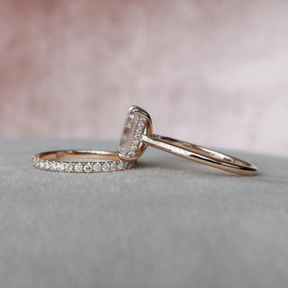 3.0CT Emerald Cut Hidden Halo Eternity Pave Diamond Moissanite Bridal Engagement Ring Set