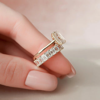1.50CT Emerald Cut Hidden Halo Full Eternity Pave Diamond Moissanite Bridal Engagement Ring Set