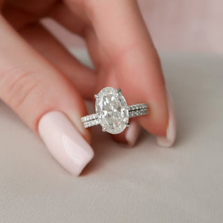 3.50CT Oval Cut Hidden Halo Eternity Pave Diamond Moissanite Bridal Engagement Ring Set