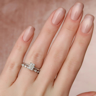 Sparkling 1.0ct radiant hidden halo moissanite wedding band angled view showing its sparkle