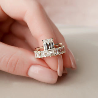 1.50CT Emerald Cut Hidden Halo Full Eternity Pave Diamond Moissanite Bridal Engagement Ring Set