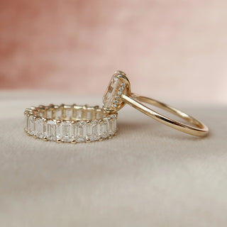 1.50CT Emerald Cut Hidden Halo Full Eternity Pave Diamond Moissanite Bridal Engagement Ring Set