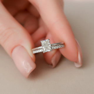 Elegant 1.0ct radiant hidden halo moissanite wedding band front view