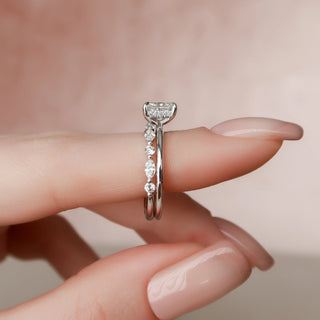 Sparkling 1.0ct radiant hidden halo moissanite wedding band close up of the setting