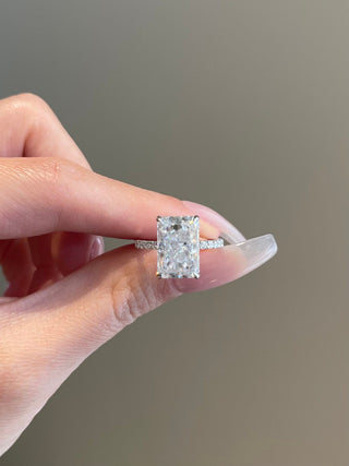Timeless 5.0ct radiant hidden halo moissanite ring front view
