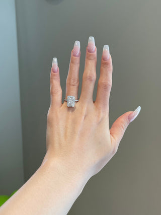 Timeless 5.0ct radiant hidden halo moissanite ring angled view showing its sparkle