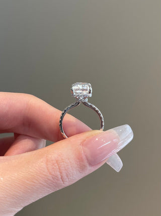 Timeless 5.0ct radiant hidden halo moissanite ring side profile view