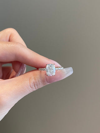 3.0ct Elongated Cushion Hidden Halo Pave Diamond Moissanite Engagement Ring