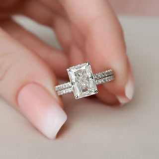 3.0CT Radiant Cut Hidden Halo Eternity Pave Diamond Moissanite Bridal Engagement Ring Set