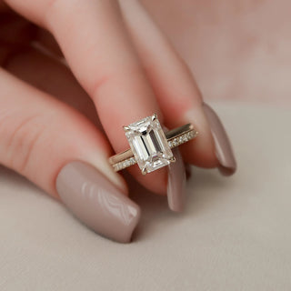 3.0CT Emerald Cut Hidden Halo Eternity Pave Diamond Moissanite Bridal Engagement Ring Set