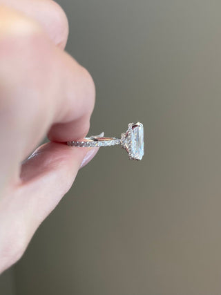 Timeless 5.0ct radiant hidden halo moissanite ring close up of the setting