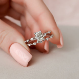 1.0CT Radiant Cut Hidden Halo Petite Pave Diamond Moissanite Bridal Engagement Ring Set