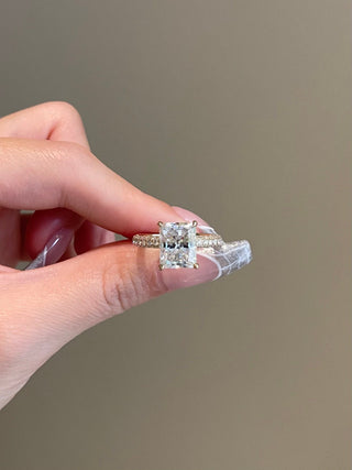 4.0ct Radiant Cut Hidden Halo 3 Side Pave Moissanite Diamond Engagement Ring