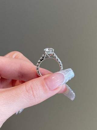 Sparkling 2.0ct round hidden halo moissanite ring close up of the setting
