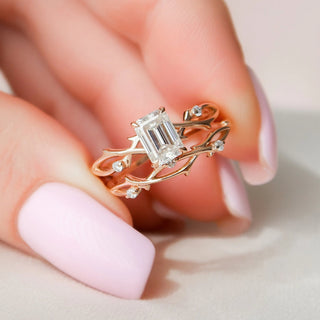 1.0CT Emerald Cut Twig Nature Inspired Moissanite Bridal Engagement Ring Set