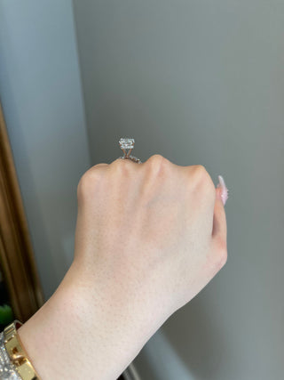 Gorgeous 5.0ct radiant hidden halo moissanite ring three quarter angled view