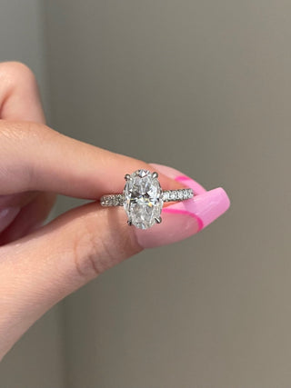 4.0ct Elongated Oval Hidden Halo Three Side Pave Moissanite Diamond Engagement Ring
