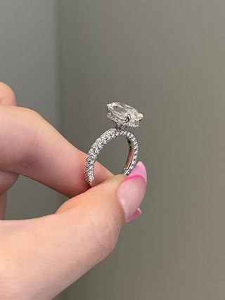 4.0ct Elongated Oval Hidden Halo Three Side Pave Moissanite Diamond Engagement Ring
