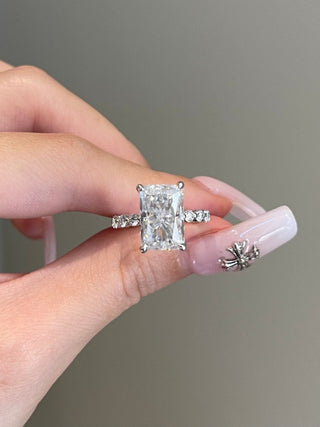 Gorgeous 5.0ct radiant hidden halo moissanite ring front view