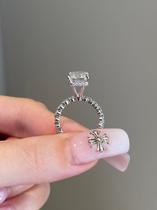Gorgeous 5.0ct radiant hidden halo moissanite ring side profile view