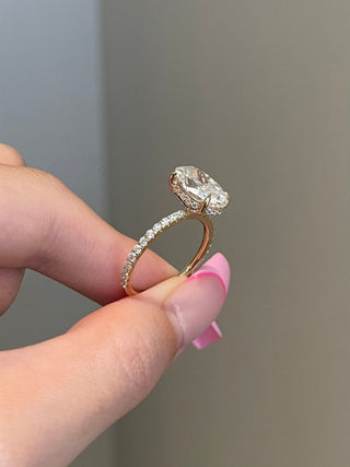 4.0ct Elongated Oval Hidden Halo Pave Diamond Moissanite Engagement Ring