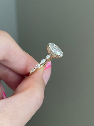 Timeless 3.0ct oval hidden halo moissanite ring close up of the setting
