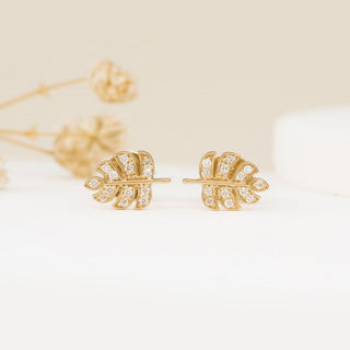 Round Cut Diamond Leaf Stud Earrings for Halloween Gift
