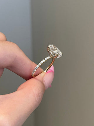 4.0ct Elongated Oval Hidden Halo Pave Diamond Moissanite Engagement Ring